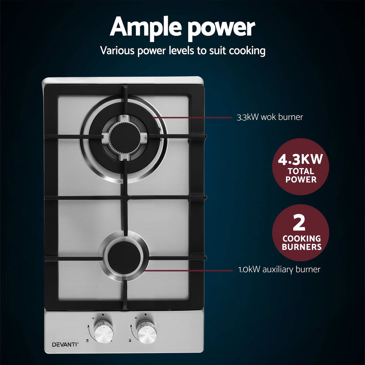 Devanti 30 cm Stainless Steel Two-Burner Gas Cooktop with Cast Iron Grates