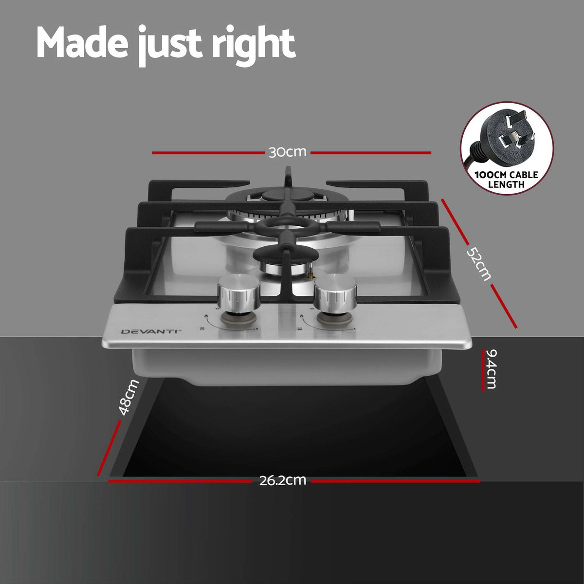 Devanti 30 cm Stainless Steel Two-Burner Gas Cooktop with Cast Iron Grates