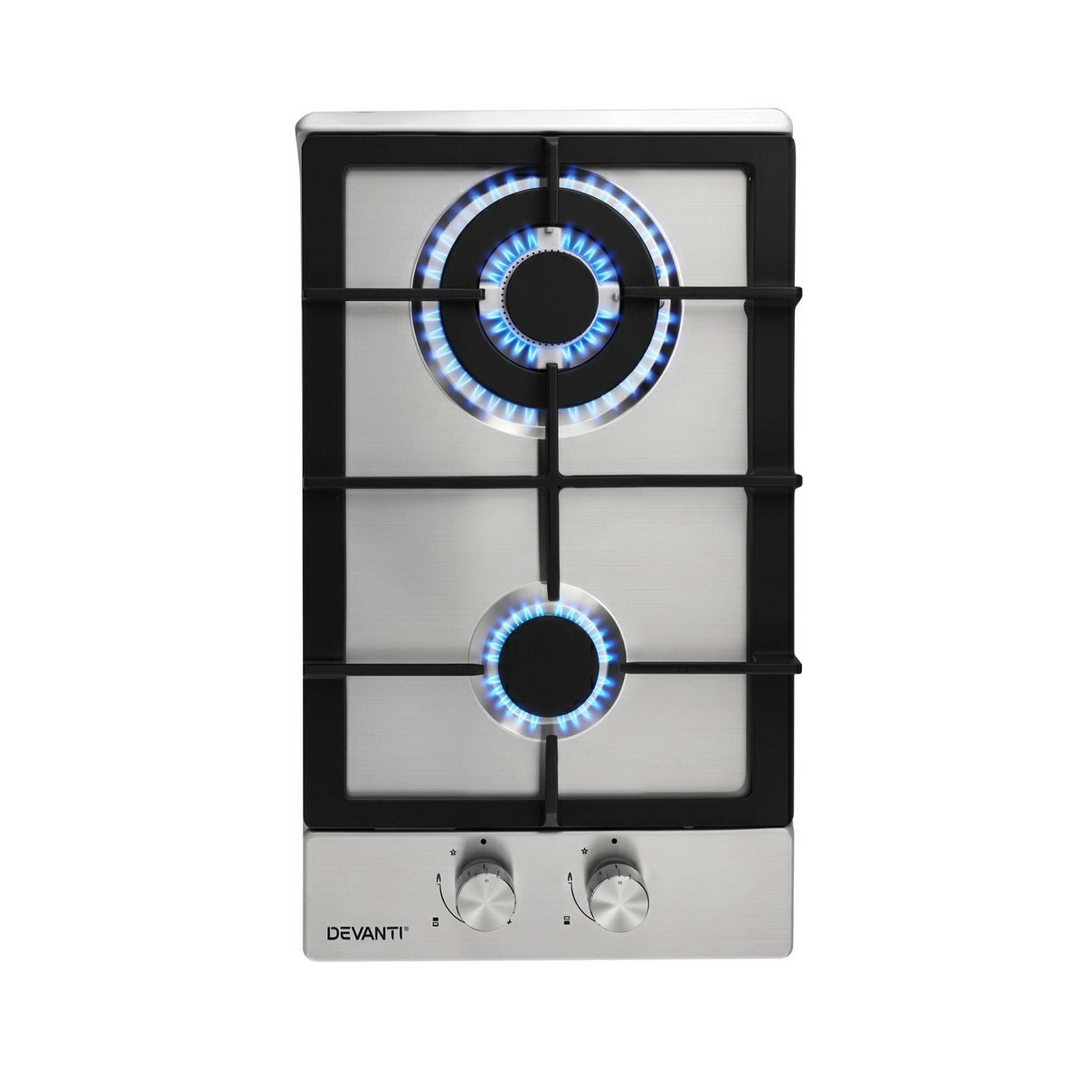 Devanti 30 cm Stainless Steel Two-Burner Gas Cooktop with Cast Iron Grates