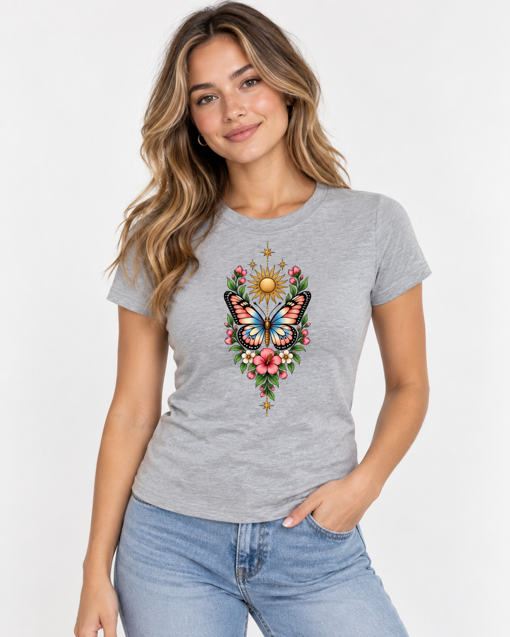 Women's Celestial Butterfly Quick-Dry Baby T-Shirt V2 in Flower Gray on model