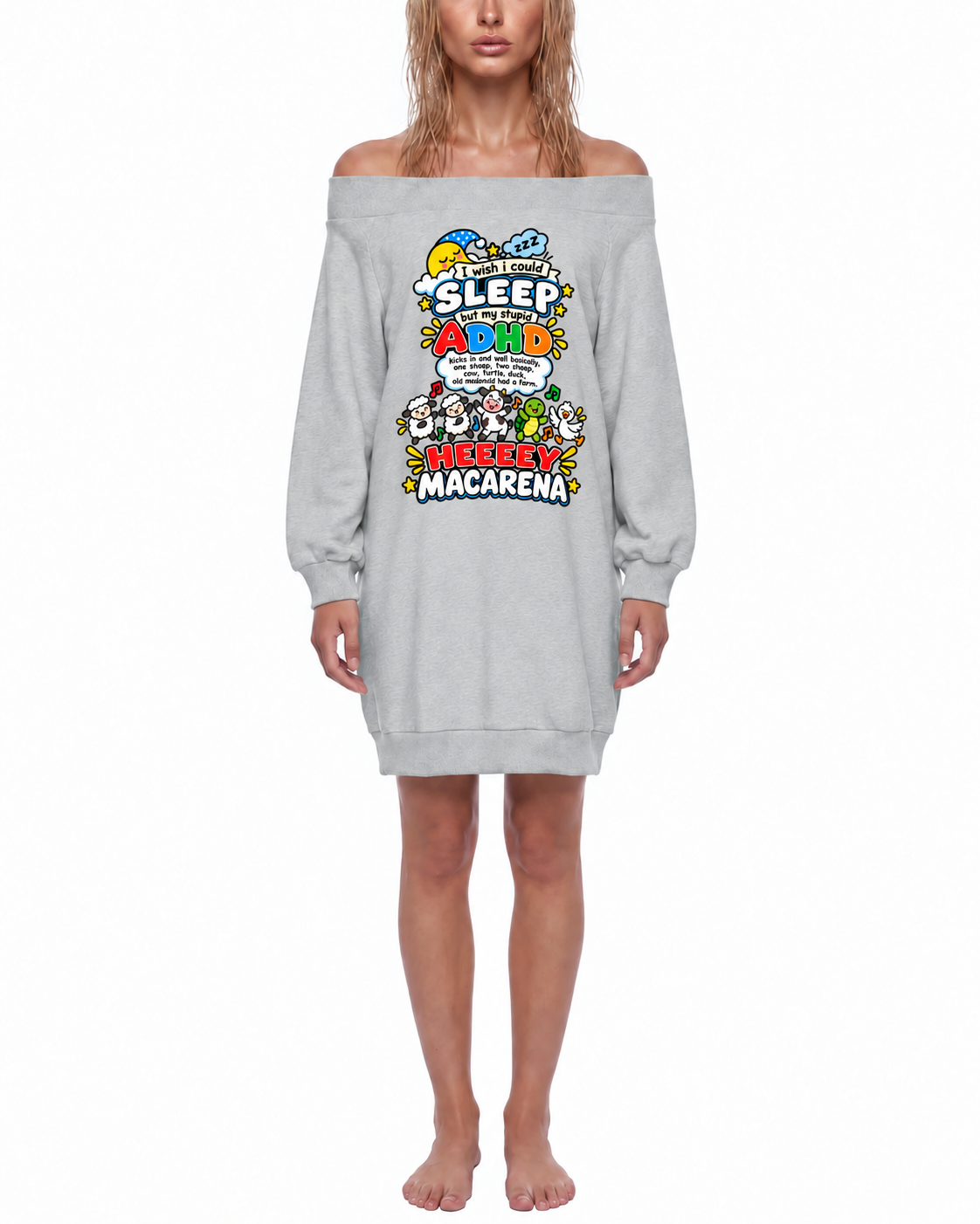 ADHD Macarena Women's Off-the-Shoulder Graphic Dress - Flower Gray model front