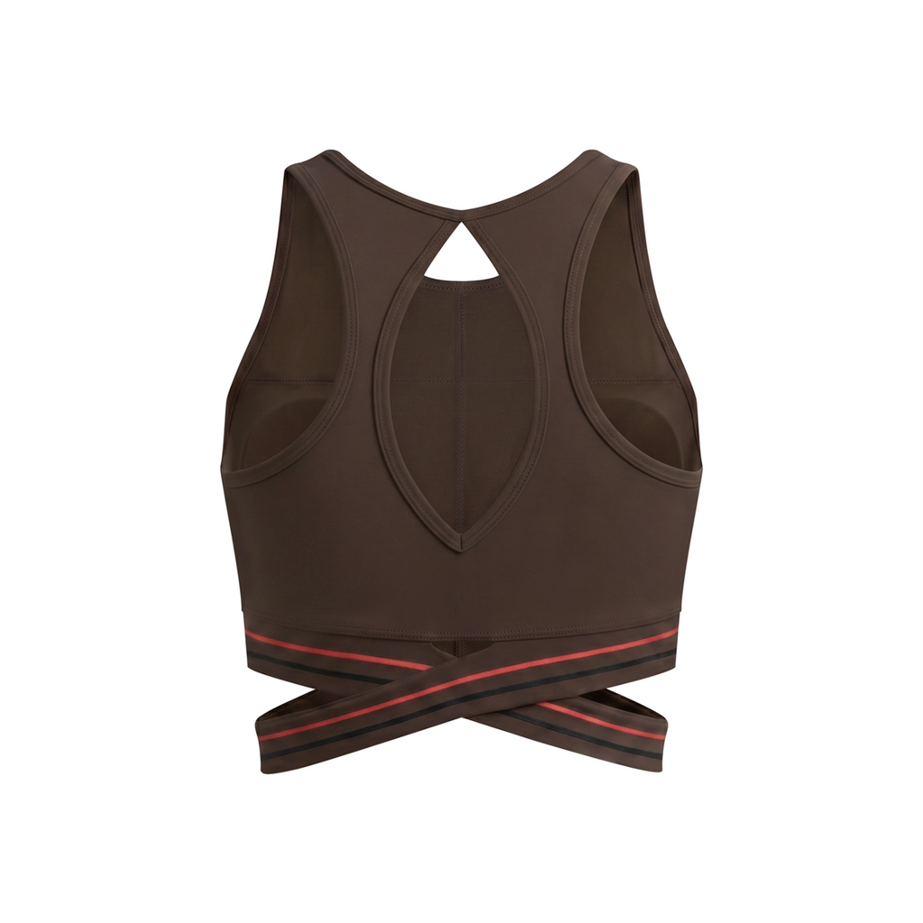 Off Script Women’s Criss-Cross Band Sports Bra - Coffee - back mockup