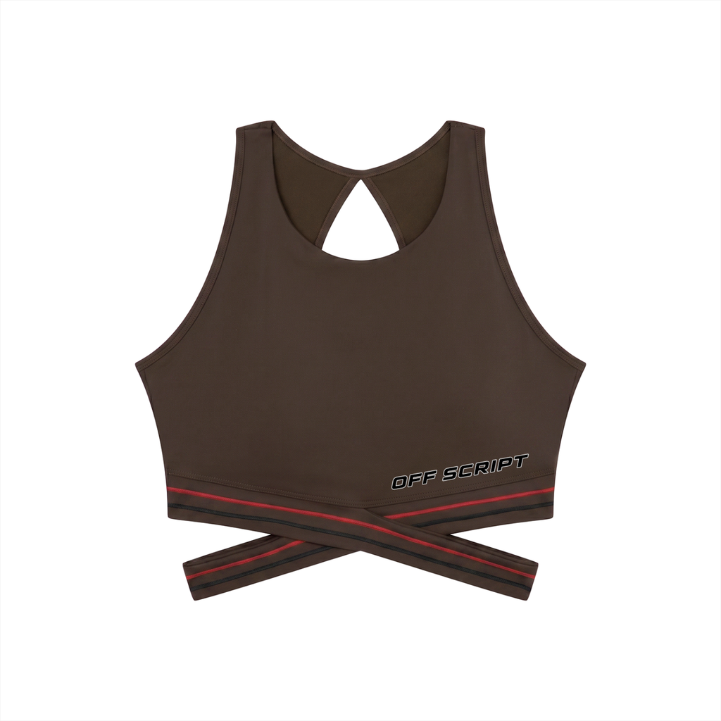 Off Script Women’s Criss-Cross Band Sports Bra - Coffee front