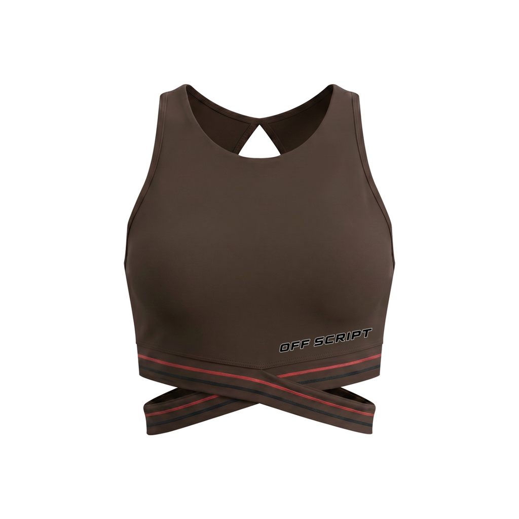 Off Script Women’s Criss-Cross Band Sports Bra - Coffee front 3D mockup