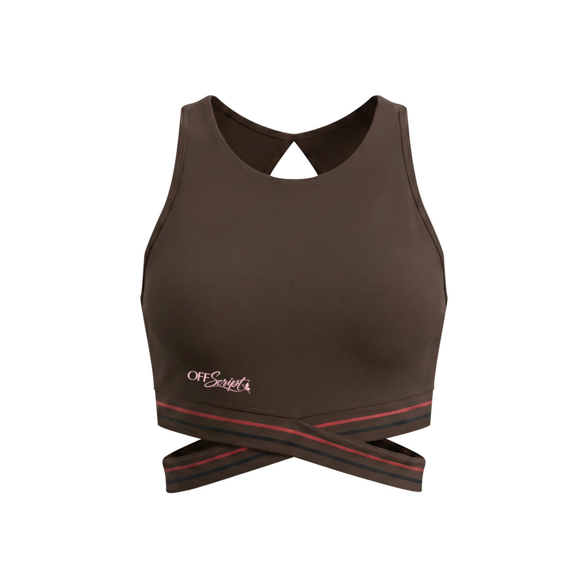Off Script Women’s Criss-Cross Band Sports Bra - Coffee - front mockup