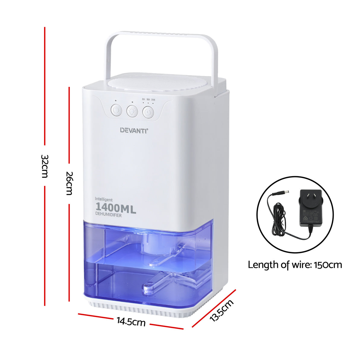 Devanti 1.4 L Portable Dehumidifier with Timer – White (330 mL/Day)