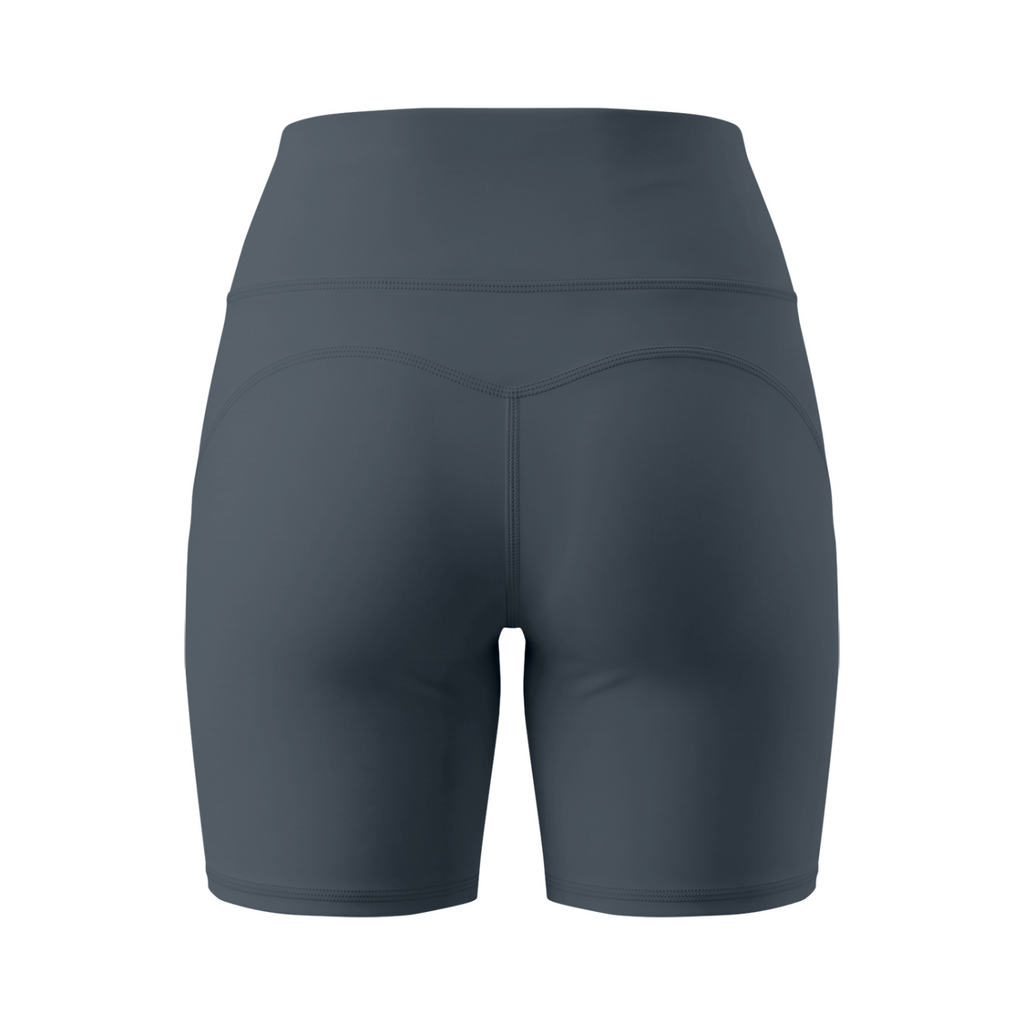 Off Script Women’s High Waisted Yoga Biker Shorts - Dark Gray back mockup