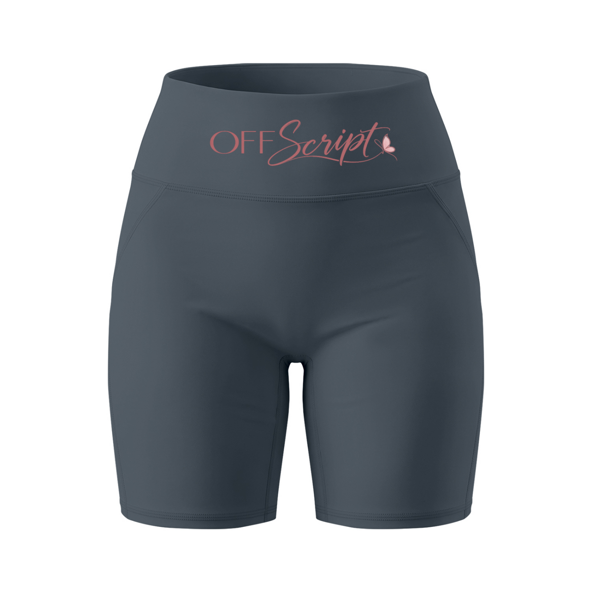 Off Script Women’s High Waisted Yoga Biker Shorts - Dark Gray front mockup