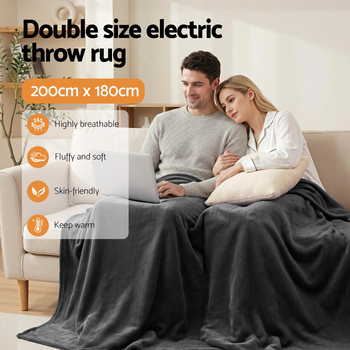 Giselle Electric Throw Rug Double Size 200x180cm Coral Fleece Heated Blanket Grey