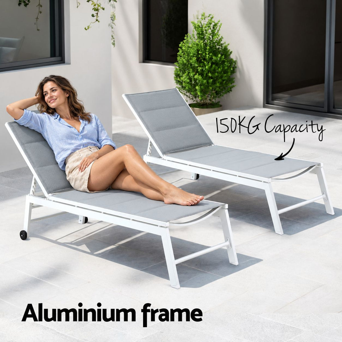 Gardeon 2PC Sun Lounger Chaise Lounge Wheels Patio Furniture Outdoor Setting White