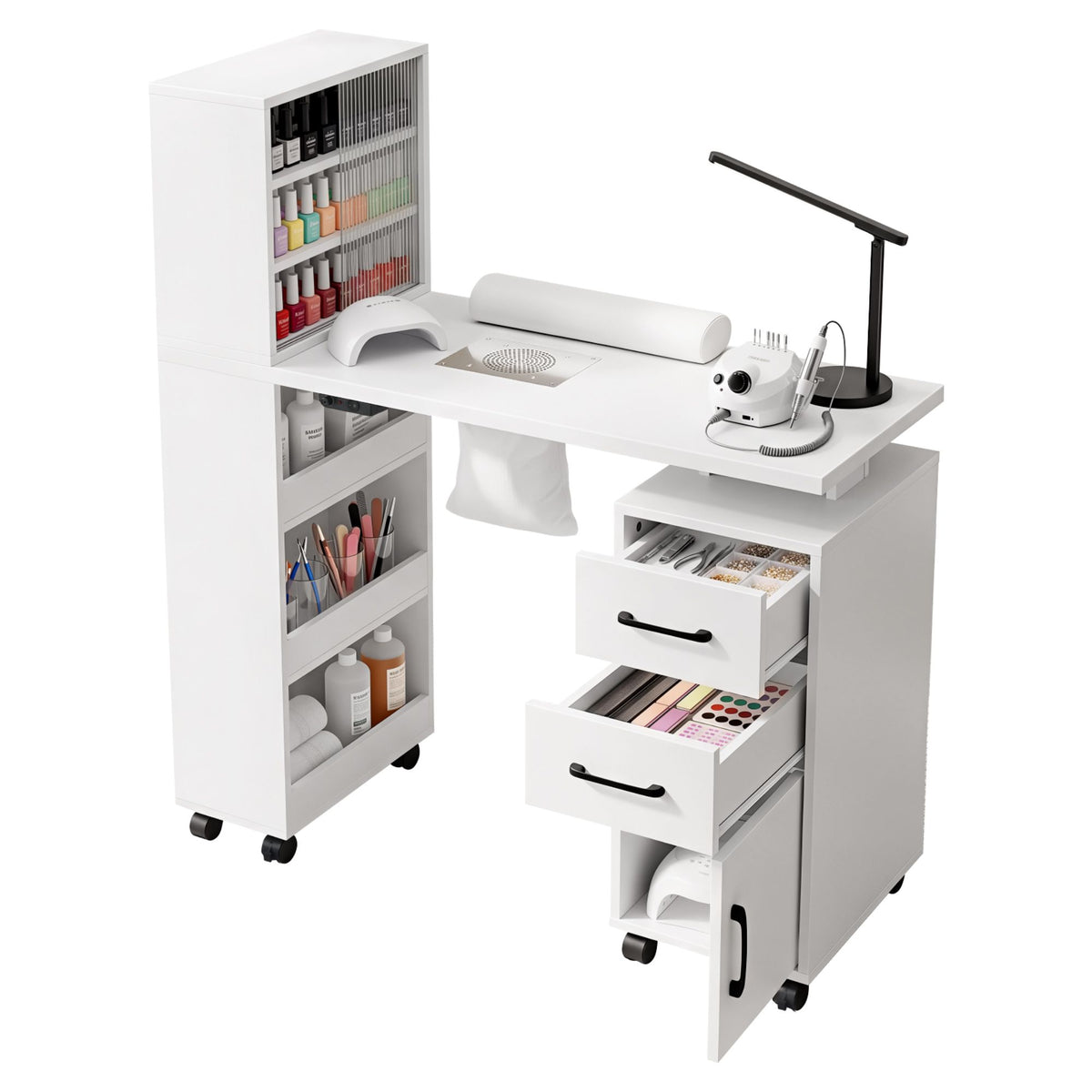 Artiss White Mobile Manicure Table with Dust Collector & Display Shelves