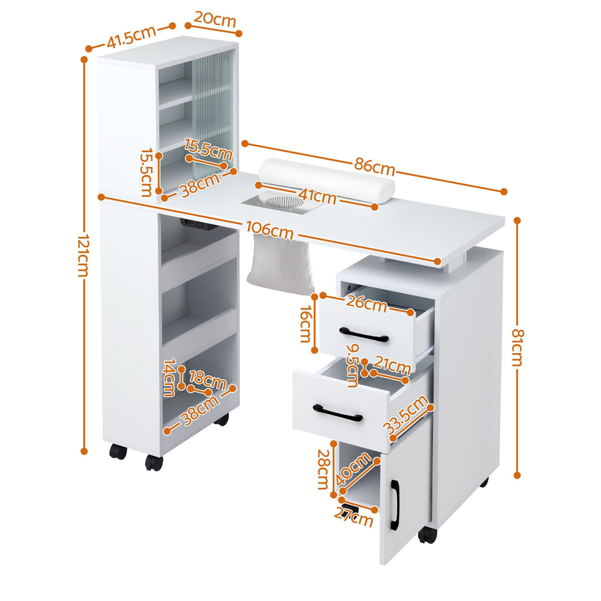 Artiss White Mobile Manicure Table with Dust Collector & Display Shelves