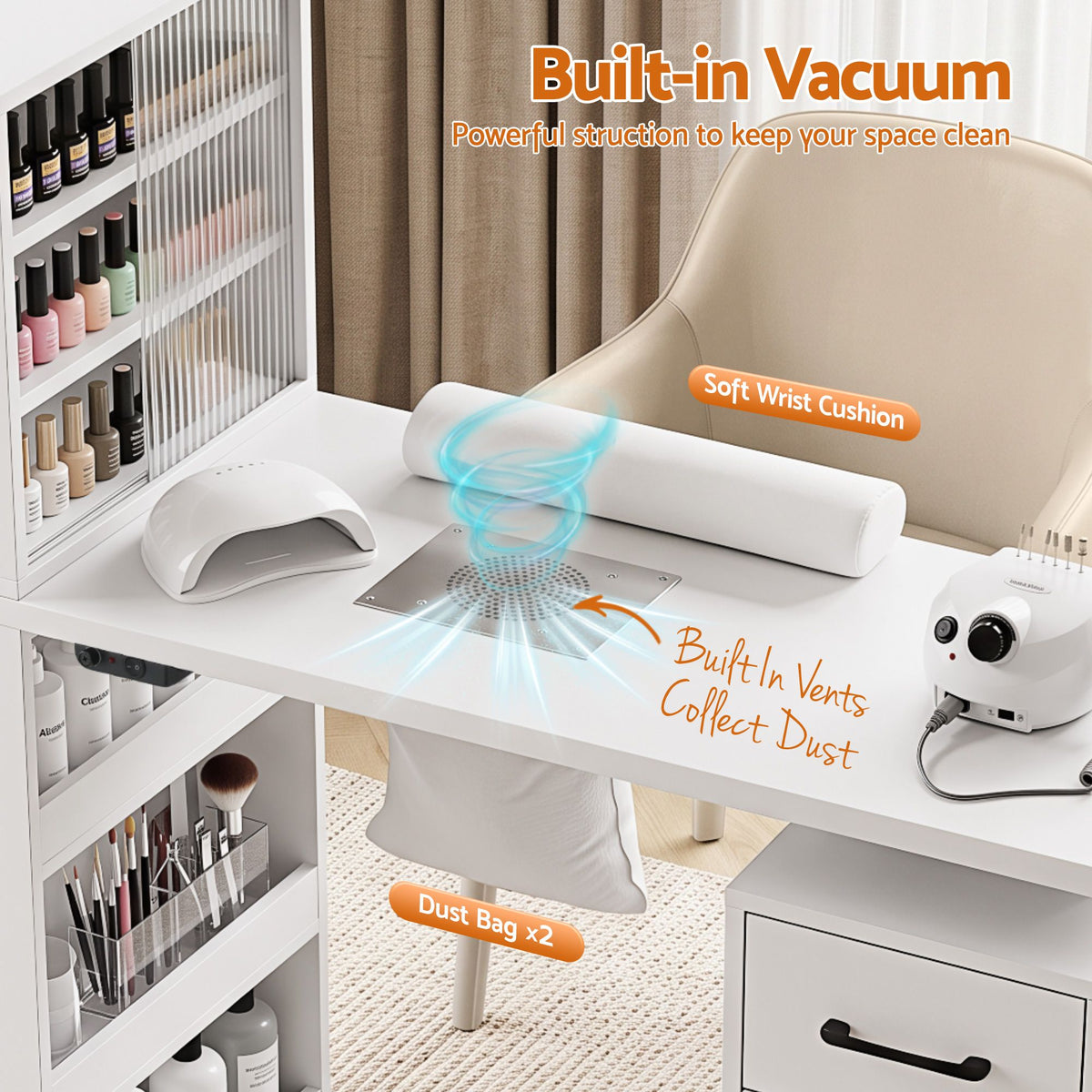 Artiss White Mobile Manicure Table with Dust Collector & Display Shelves