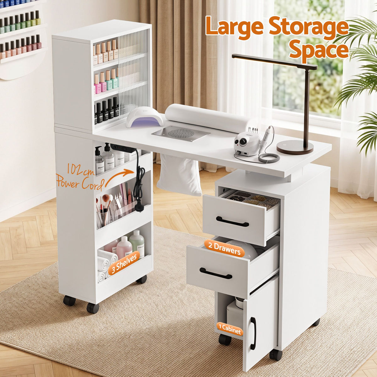 Artiss White Mobile Manicure Table with Dust Collector & Display Shelves