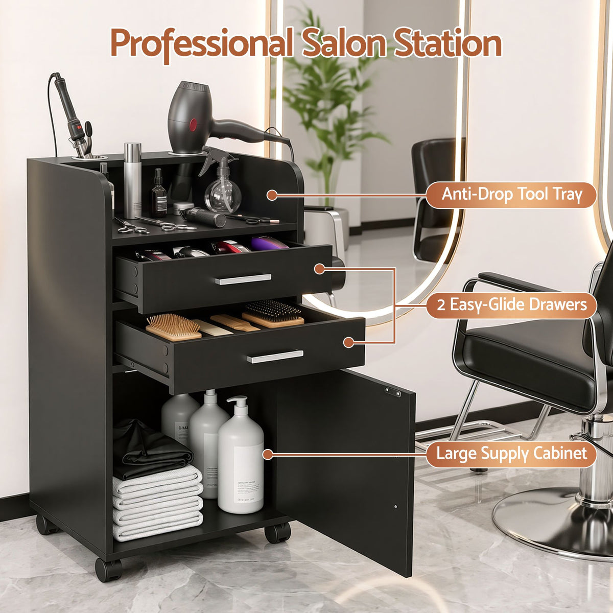 Artiss Rolling Salon Styling Cabinet with Drawers & Tool Holders – Black