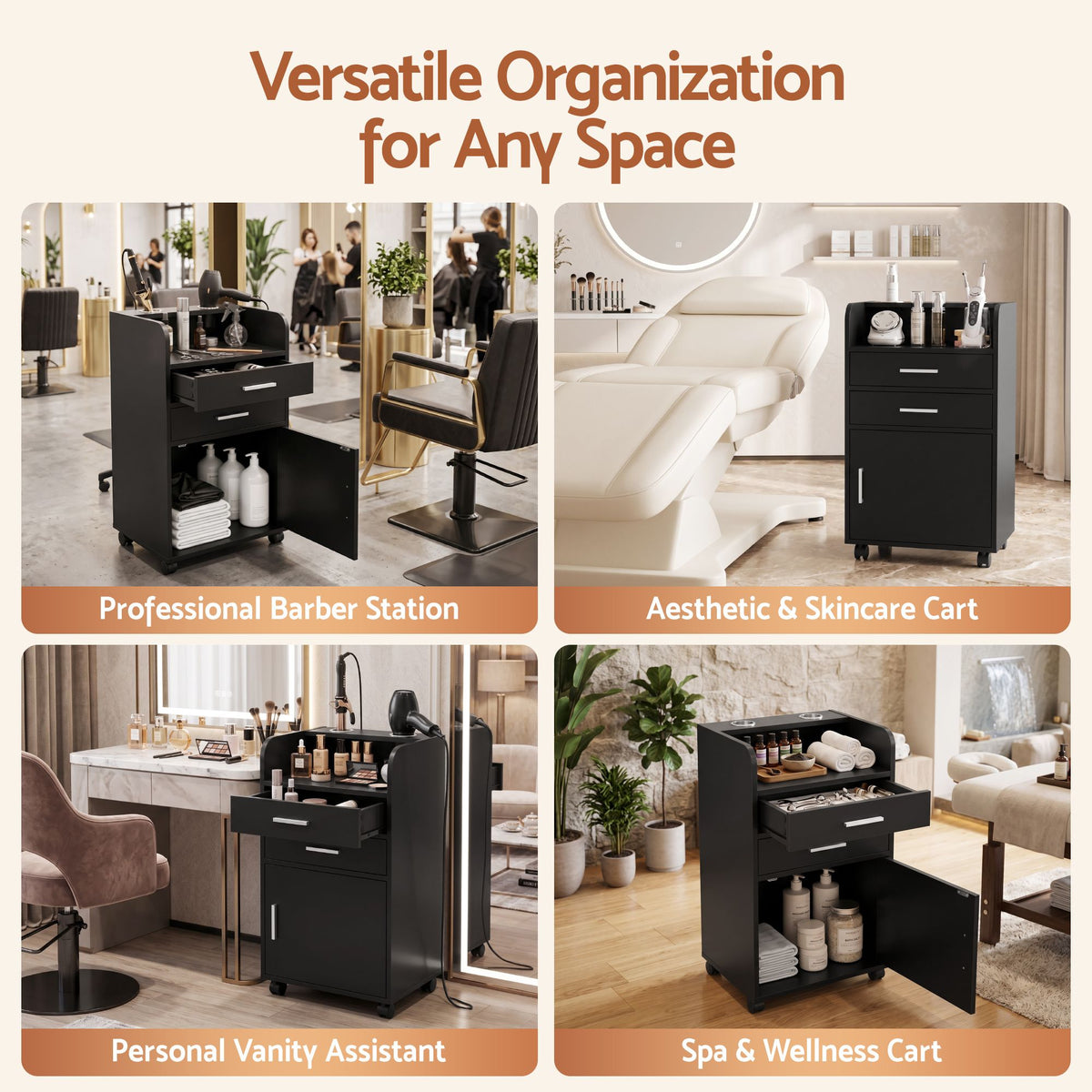 Artiss Rolling Salon Styling Cabinet with Drawers & Tool Holders – Black
