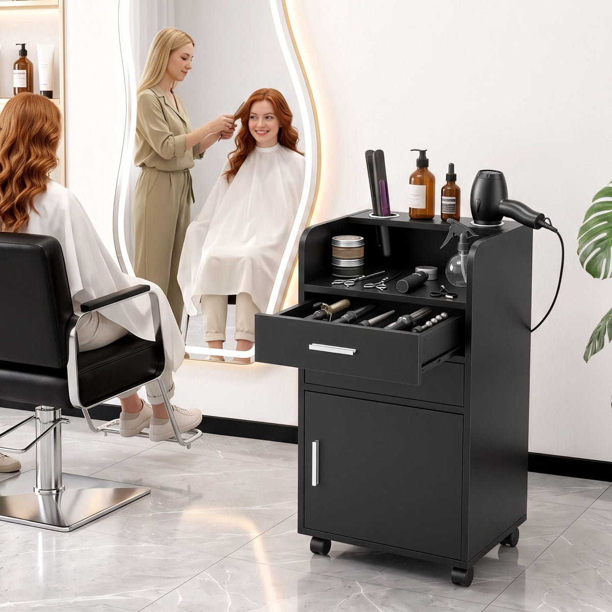 Artiss Rolling Salon Styling Cabinet with Drawers & Tool Holders – Black