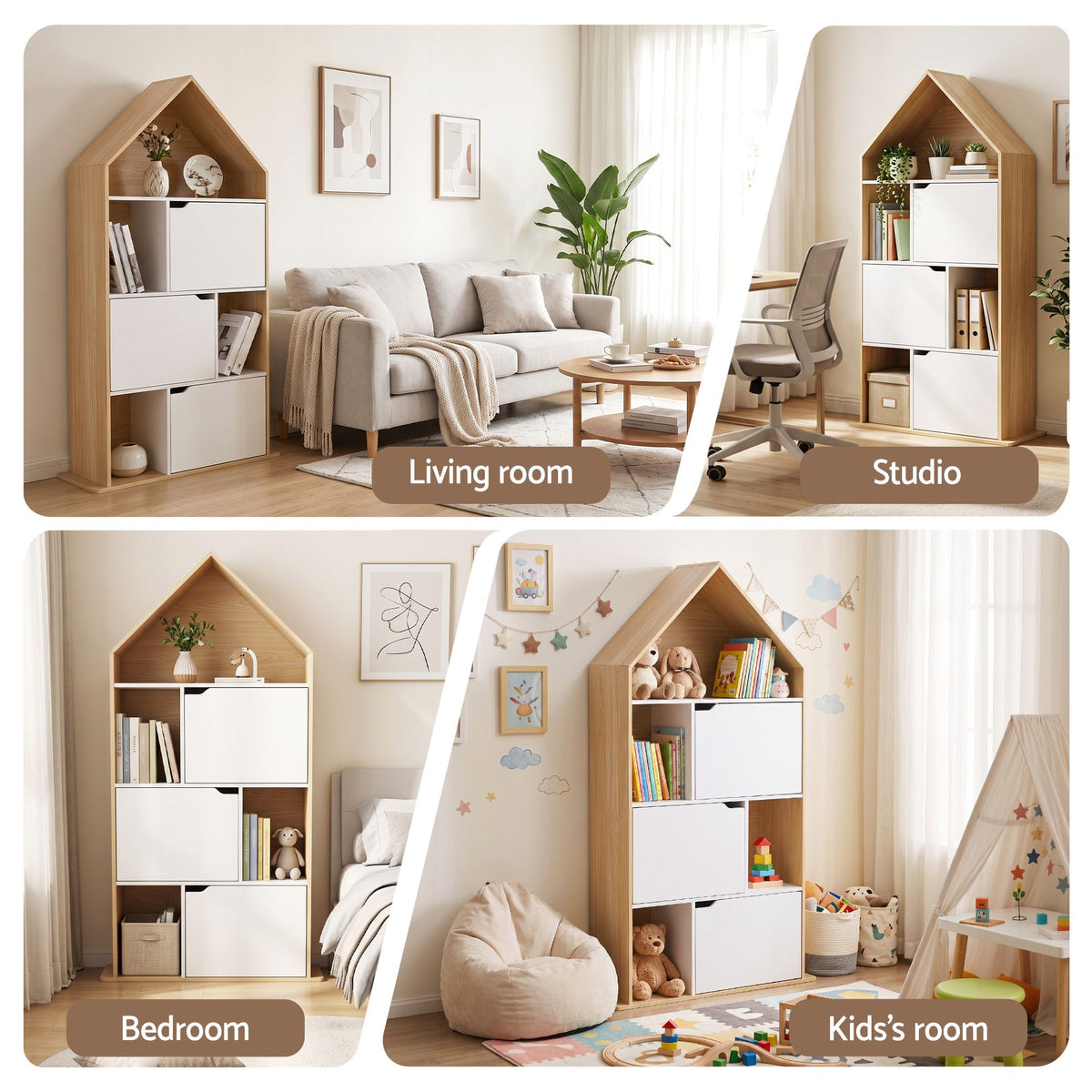 Artiss 4-Tier House-Shaped Kids' Bookshelf, White and Pine