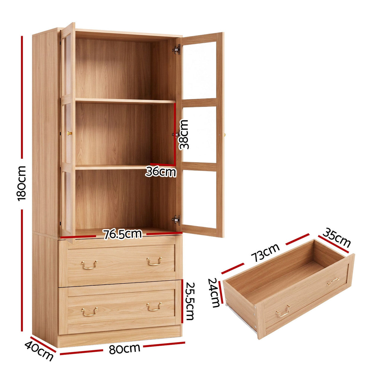 Artiss 180cm Glass-Door Buffet Sideboard Cabinet Set – Wood Finish