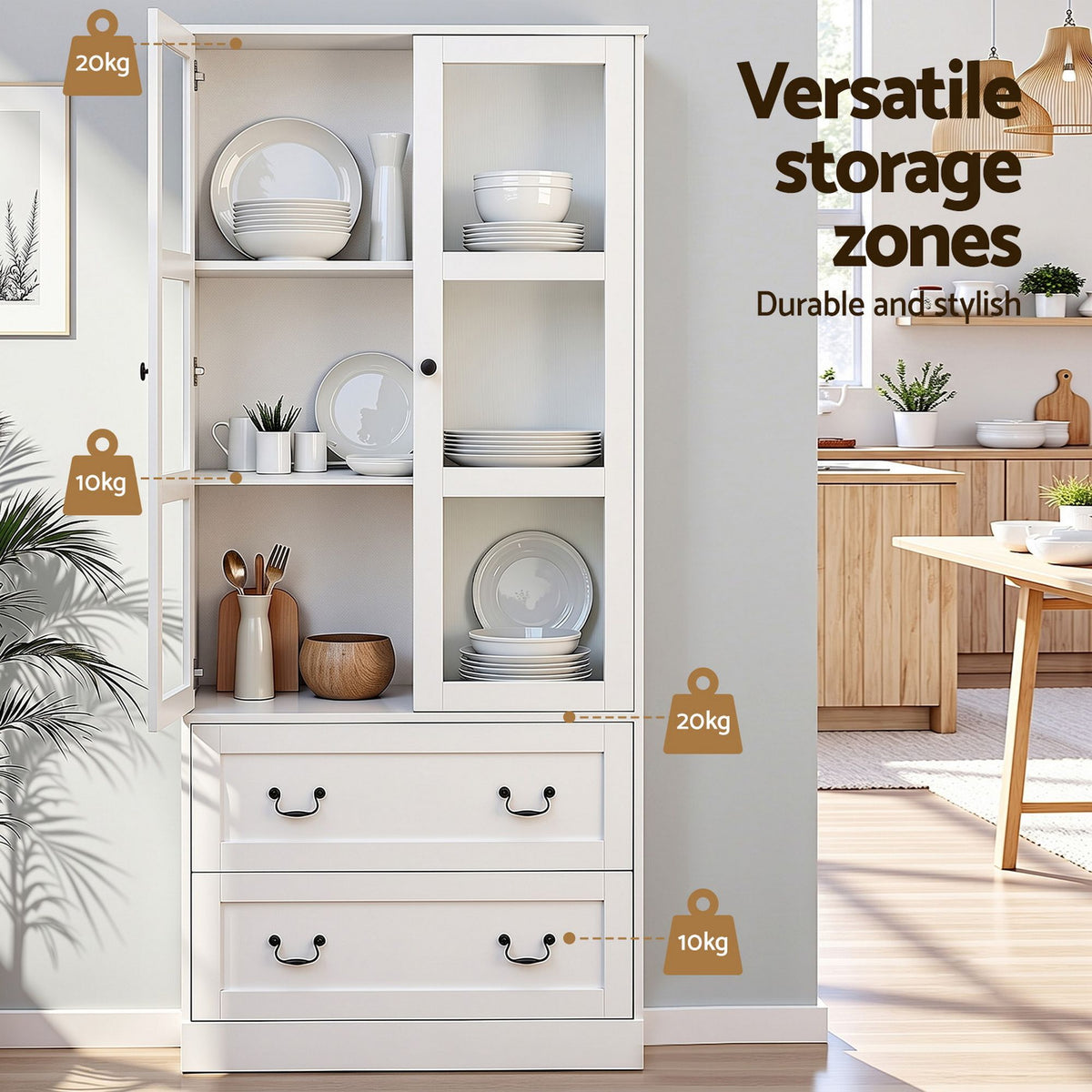 Artiss 180cm Glass-Door Buffet Sideboard Cabinet Set – White