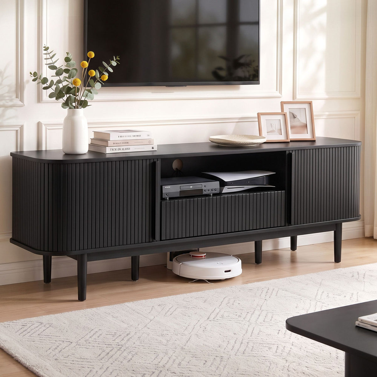 Artiss 160 cm TV Unit with Fluted Sliding Doors and Drawer, Black