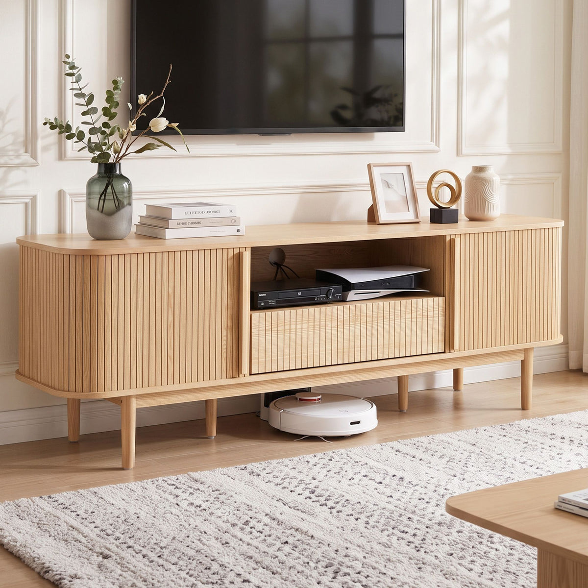 Artiss 160 cm TV Unit with Fluted Sliding Doors and Drawer, Pine