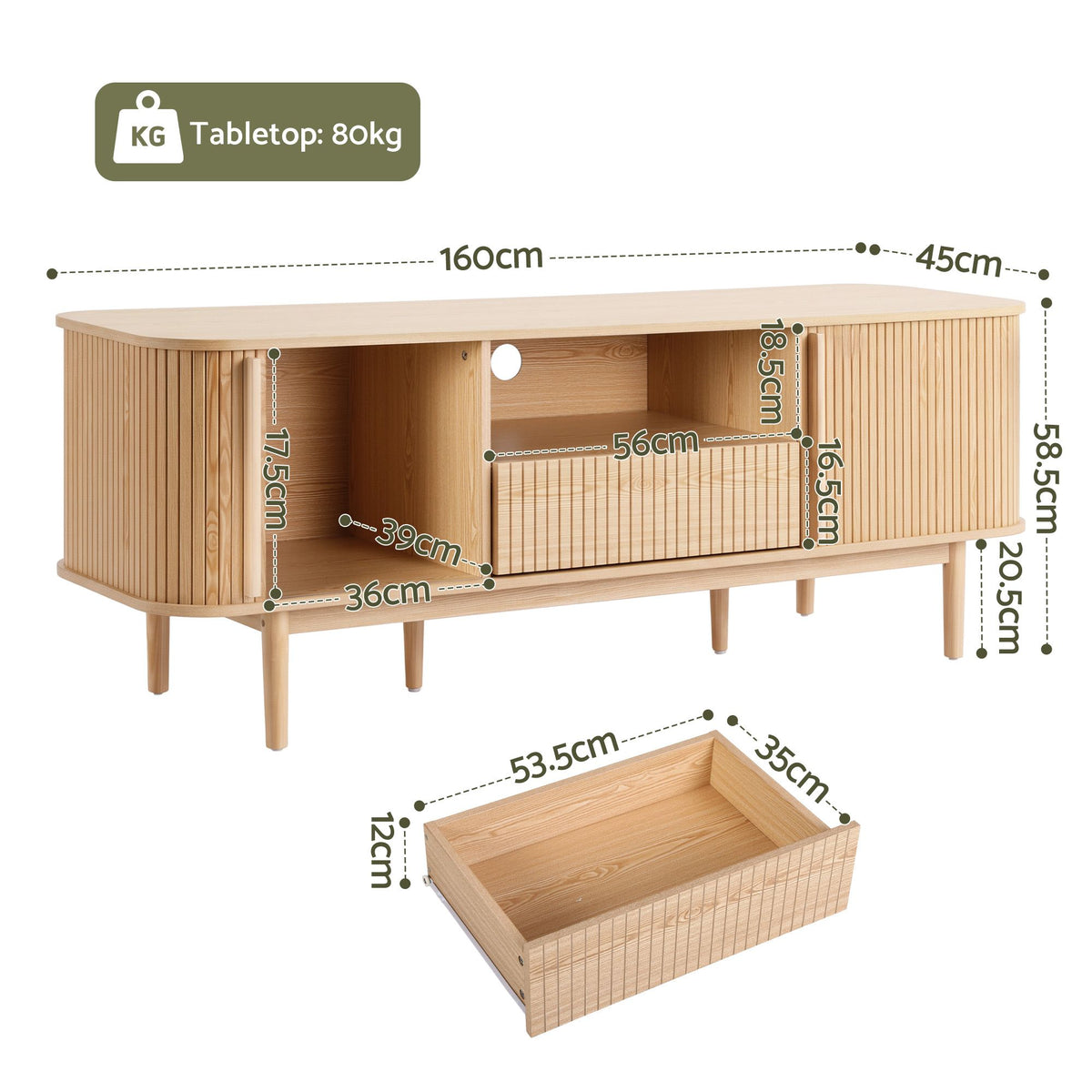 Artiss 160 cm TV Unit with Fluted Sliding Doors and Drawer, Pine