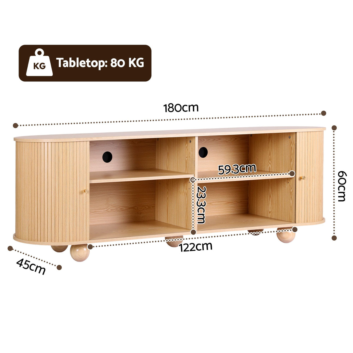 Artiss 180cm TV Unit Storage Shelf Curved Edge Sliding Fluted Style Door Pine — product image 4 of 10