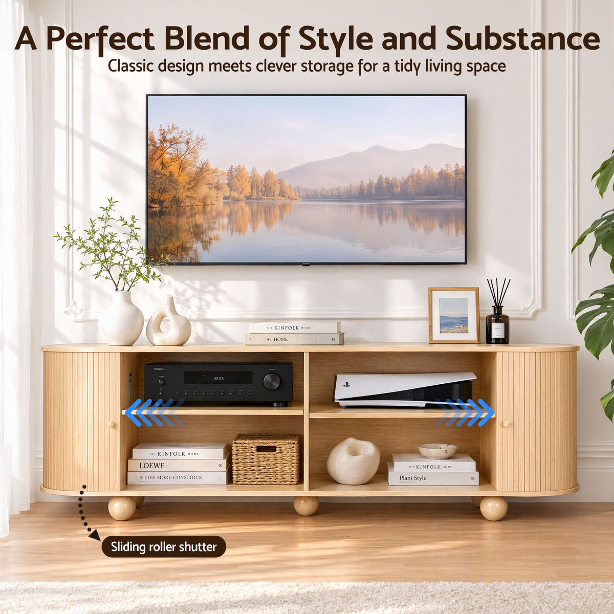 Artiss 180cm TV Unit Storage Shelf Curved Edge Sliding Fluted Style Door Pine — product image 6 of 10