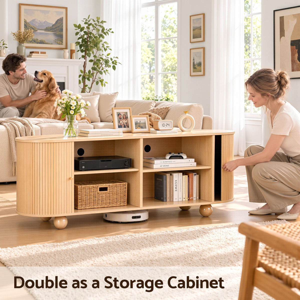 Artiss 180cm TV Unit Storage Shelf Curved Edge Sliding Fluted Style Door Pine — product image 7 of 10