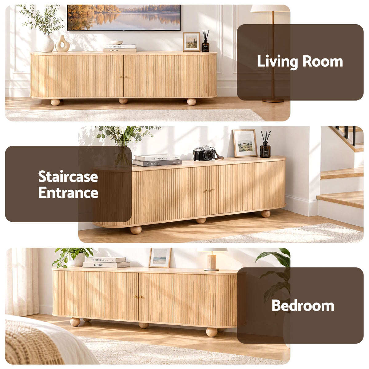 Artiss 180cm TV Unit Storage Shelf Curved Edge Sliding Fluted Style Door Pine — product image 10 of 10