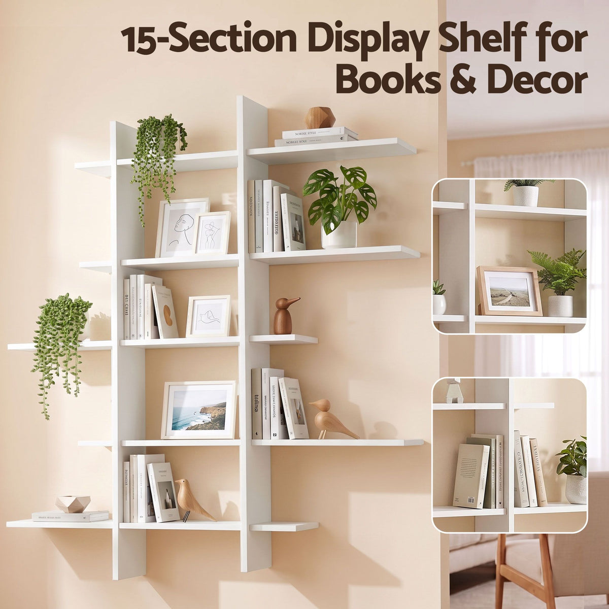 Artiss 15-Section Floating Wall Display Bookshelf – White