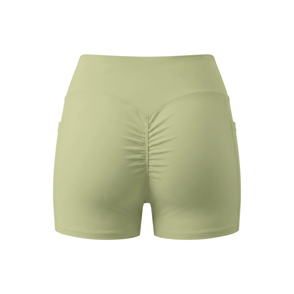 Women’s High Rise Pocket Yoga Shorts - Gray Green - back 3D mockup