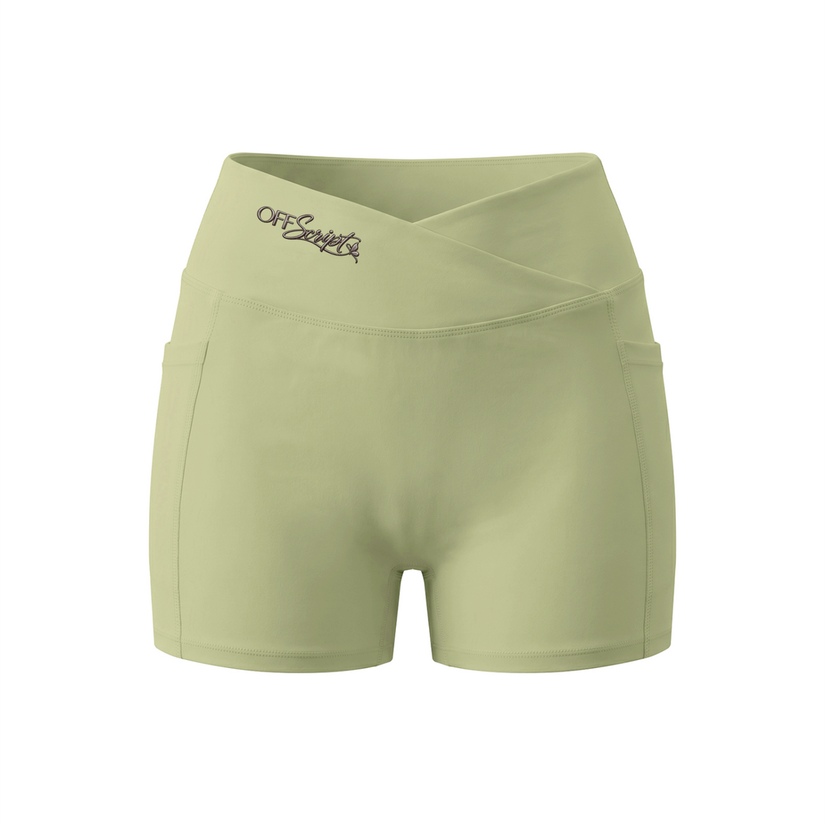 Women’s High Rise Pocket Yoga Shorts - Gray Green - front 3D mockup