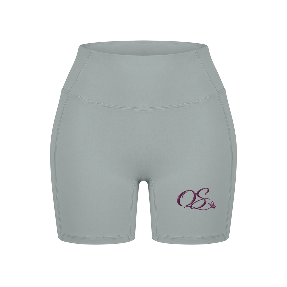 Off Script Women’s High Waisted Yoga Biker Shorts - Haze Blue front 3D mockup