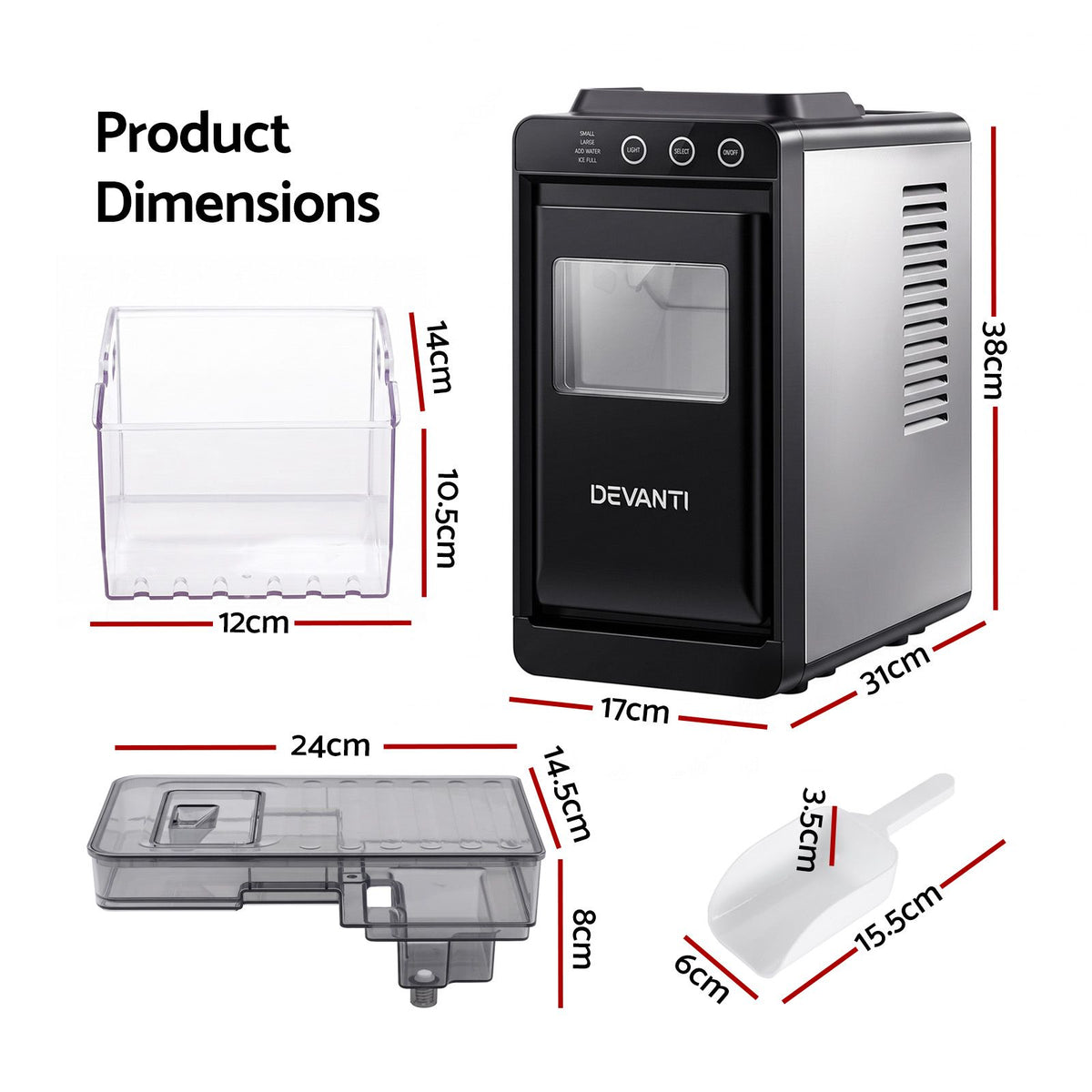 Devanti Compact Countertop Ice Maker – Up to 12 kg/Day, Black