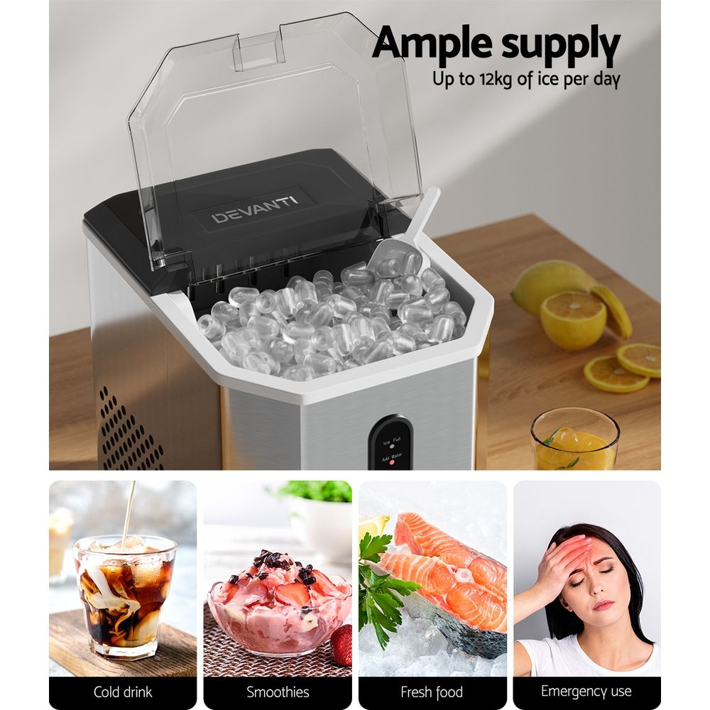Devanti Ice Maker – Up to 12 kg/Day, Silver