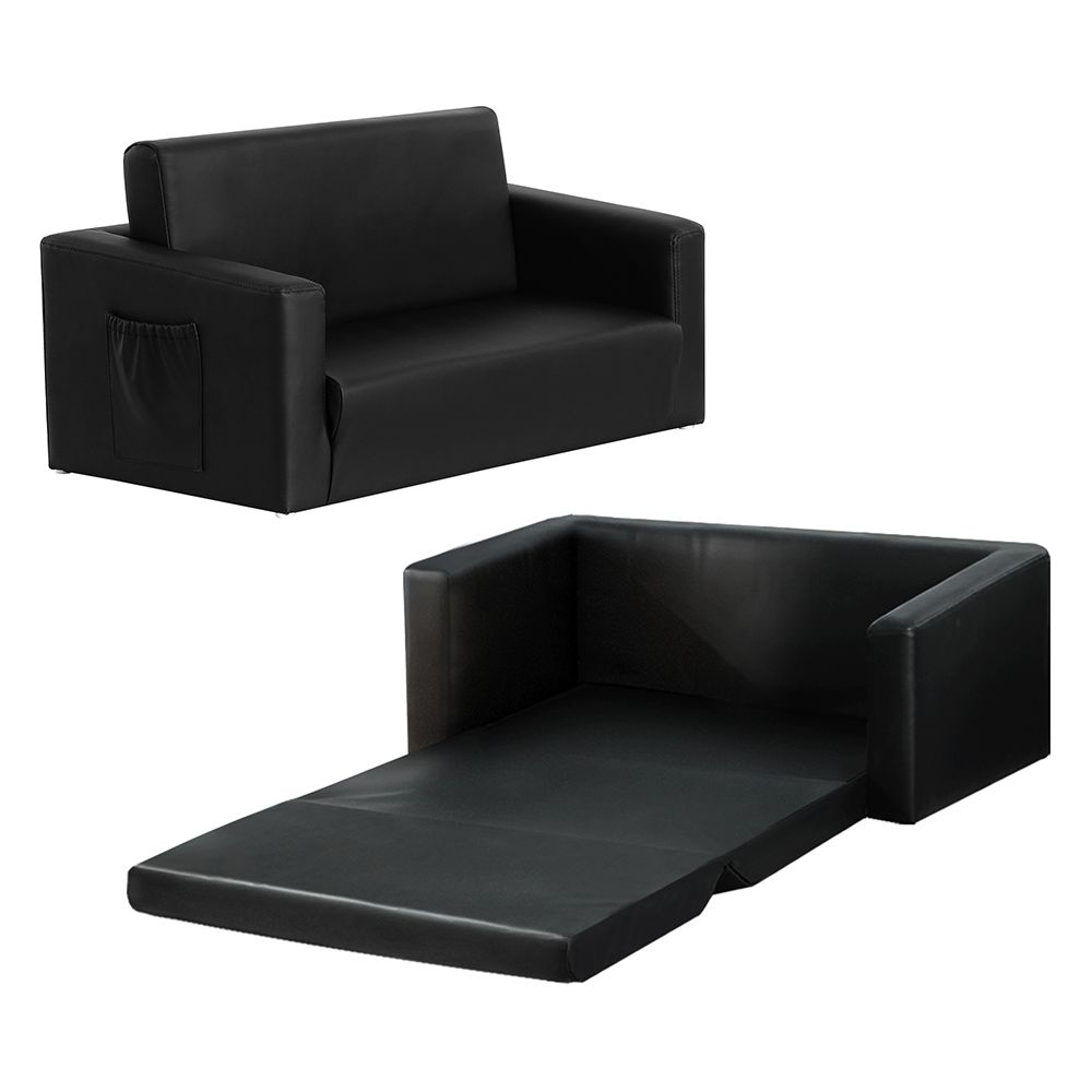 Keezi Children’s Two-Seater Fold-Out Sofa Bed – Black PU Leather — product image 2 of 7