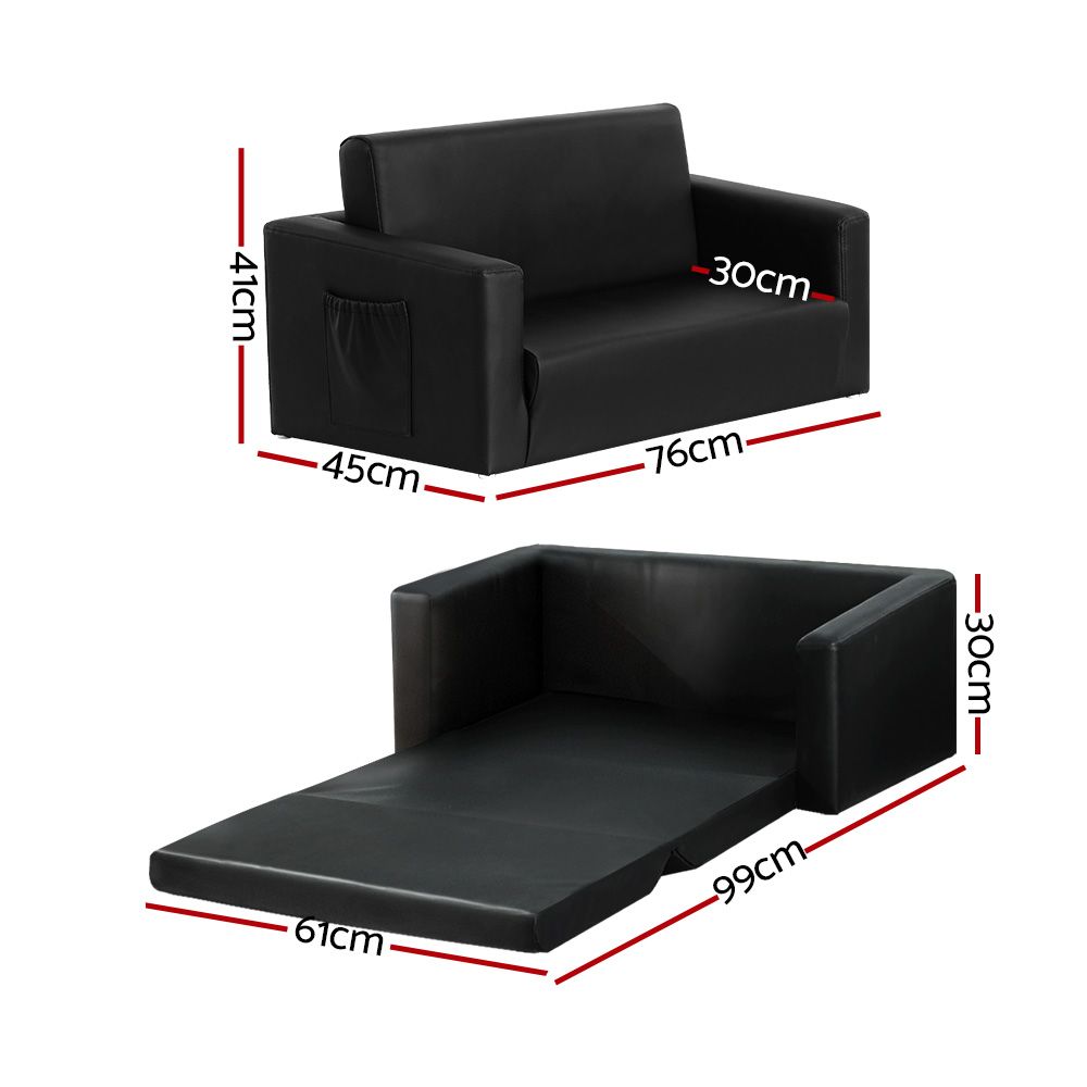 Keezi Children’s Two-Seater Fold-Out Sofa Bed – Black PU Leather — product image 3 of 7