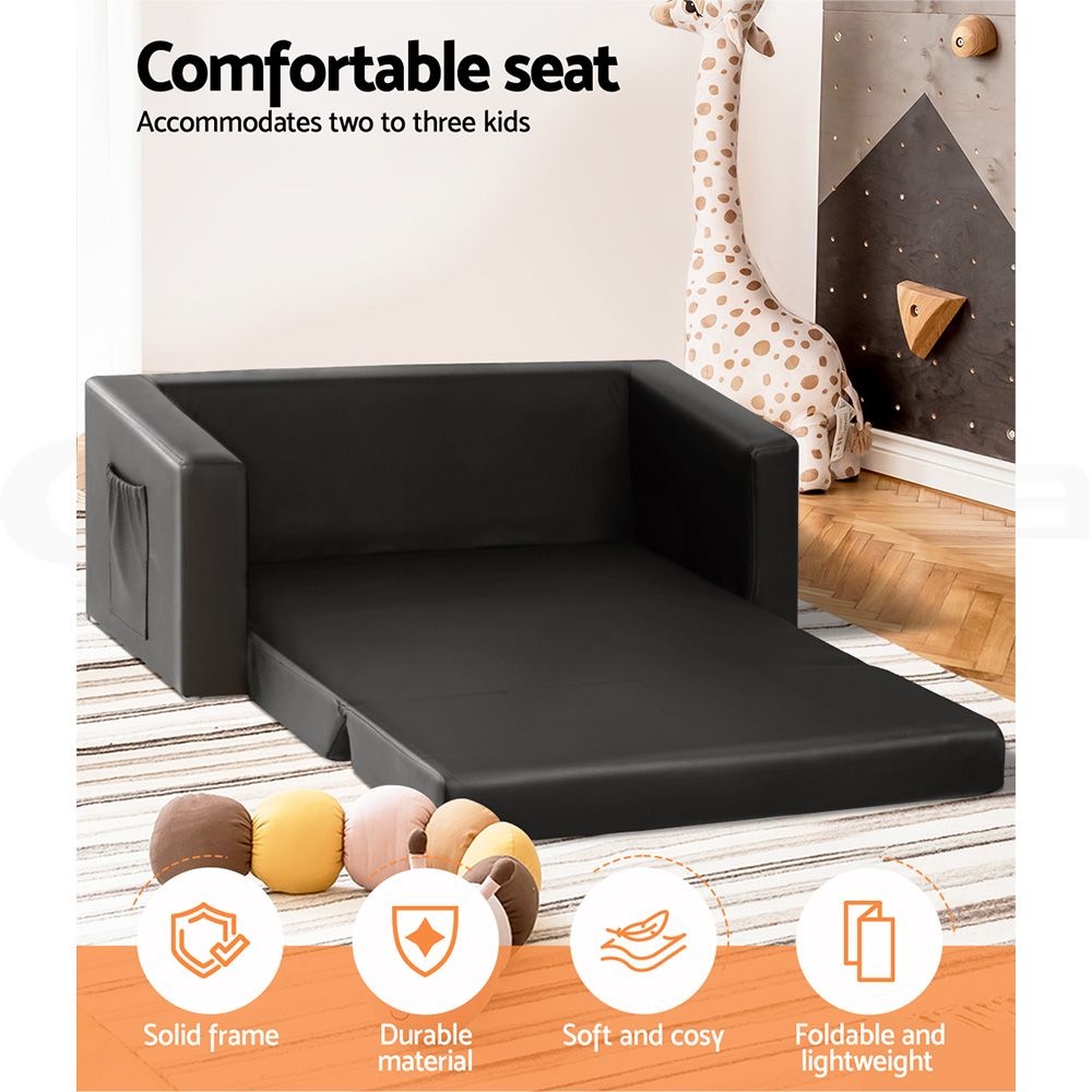 Keezi Children’s Two-Seater Fold-Out Sofa Bed – Black PU Leather — product image 5 of 7