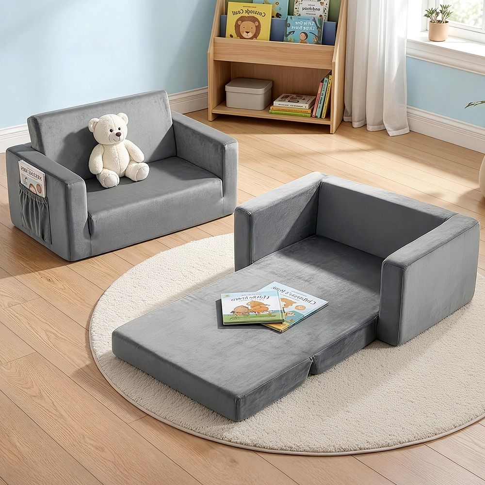 Keezi Kids 2-Seater Fold-Out Sofa Bed – Grey — product image 1 of 7