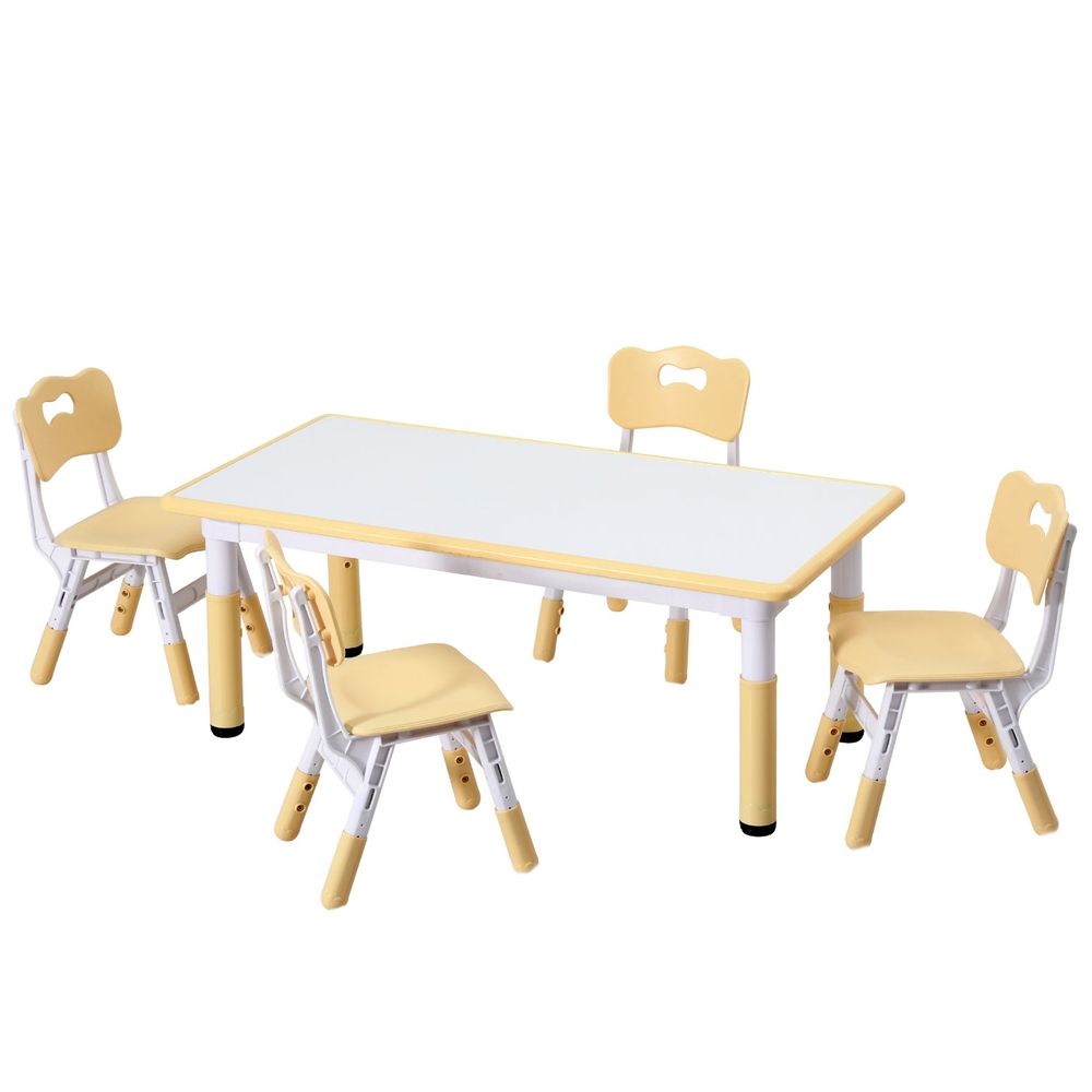 Keezi Kids Table and 4 Chairs Set Height Adjustable Toddler Desk and Chair Set for Ages 3-8, Children Activity Table with Graffiti Desktop for Learning Drawing Playing, Yellow — product image 1