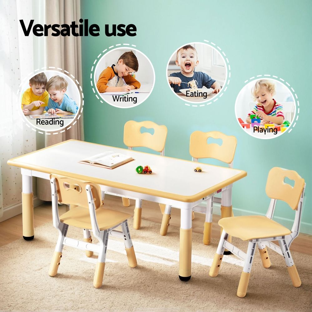 Keezi Kids Table and 4 Chairs Set Height Adjustable Toddler Desk and Chair Set for Ages 3-8, Children Activity Table with Graffiti Desktop for Learning Drawing Playing, Yellow — product image 4