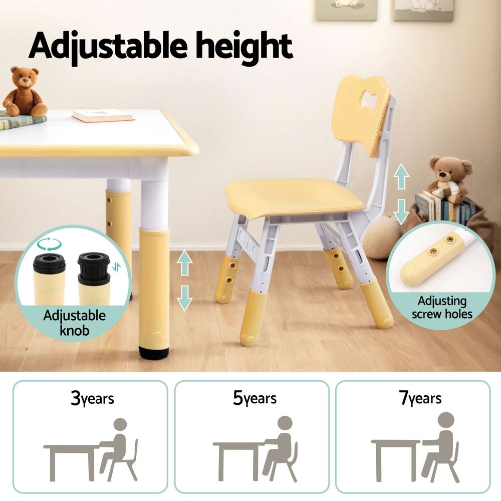 Keezi Kids Table and 4 Chairs Set Height Adjustable Toddler Desk and Chair Set for Ages 3-8, Children Activity Table with Graffiti Desktop for Learning Drawing Playing, Yellow — product image 6
