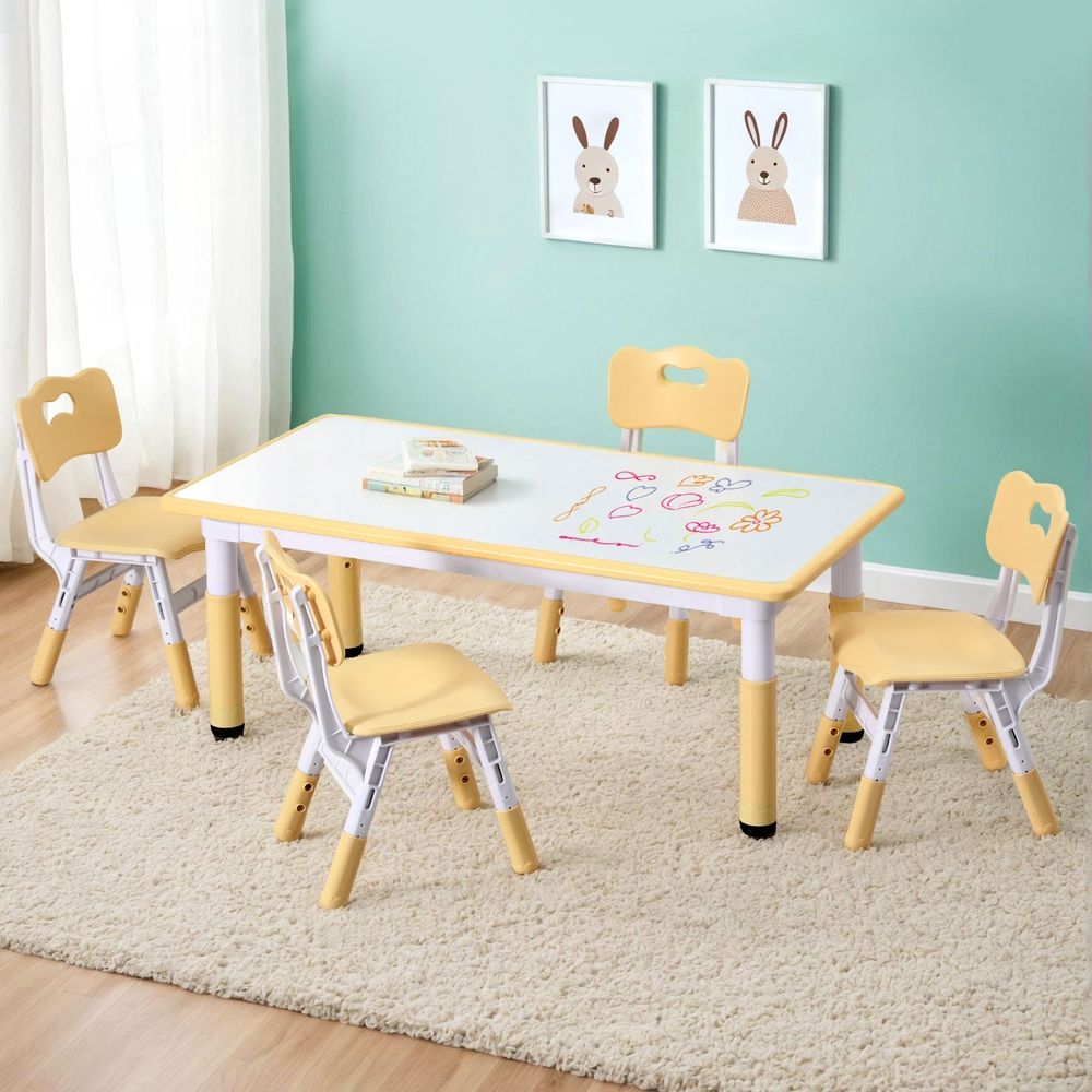 Keezi Kids Table and 4 Chairs Set Height Adjustable Toddler Desk and Chair Set for Ages 3-8, Children Activity Table with Graffiti Desktop for Learning Drawing Playing, Yellow — product image 7