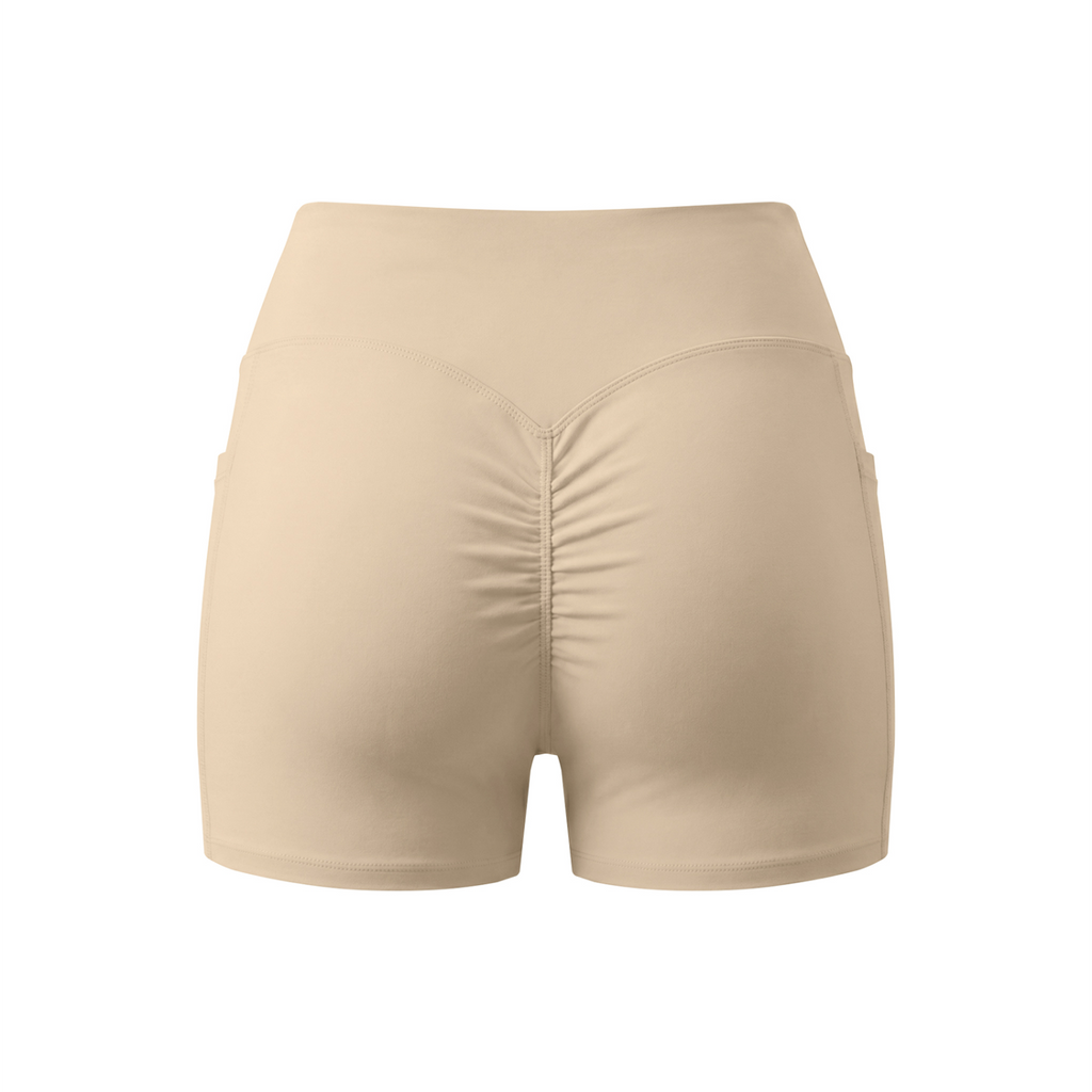 Women’s High Rise Pocket Yoga Shorts - Khaki - back 3D mockup
