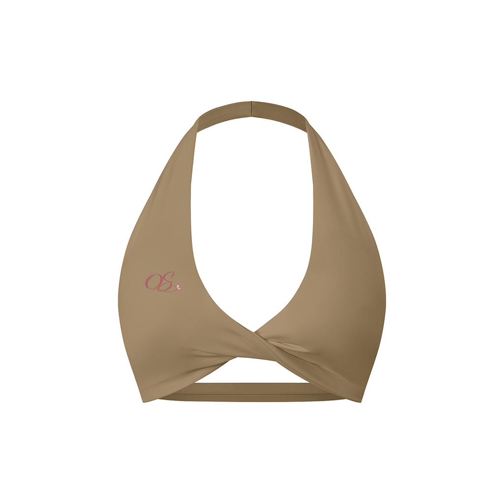 Off Script Women's Twist Front Halter Sports Bra - Khaki front 3D mockup