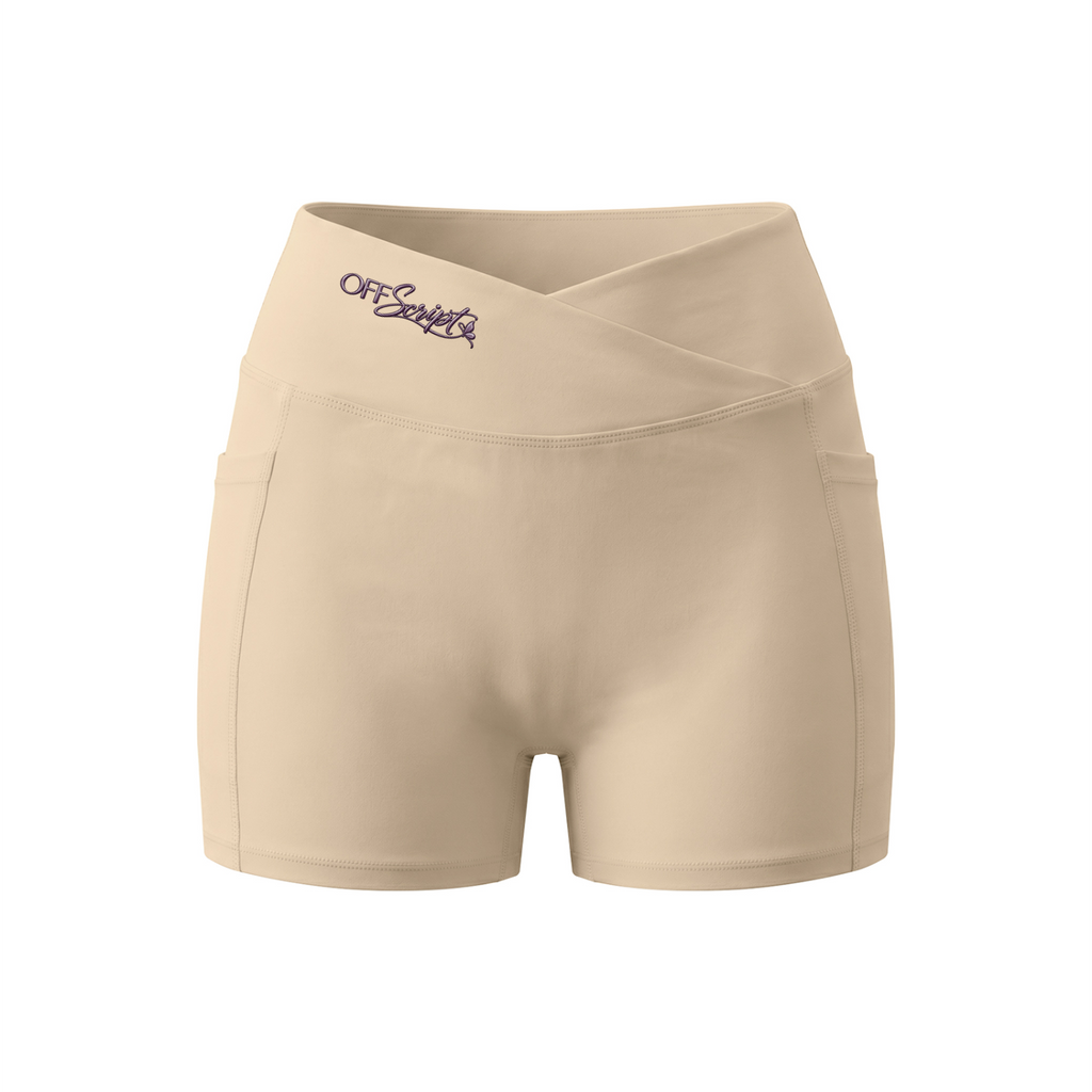 Women’s High Rise Pocket Yoga Shorts - Khaki - front 3D mockup