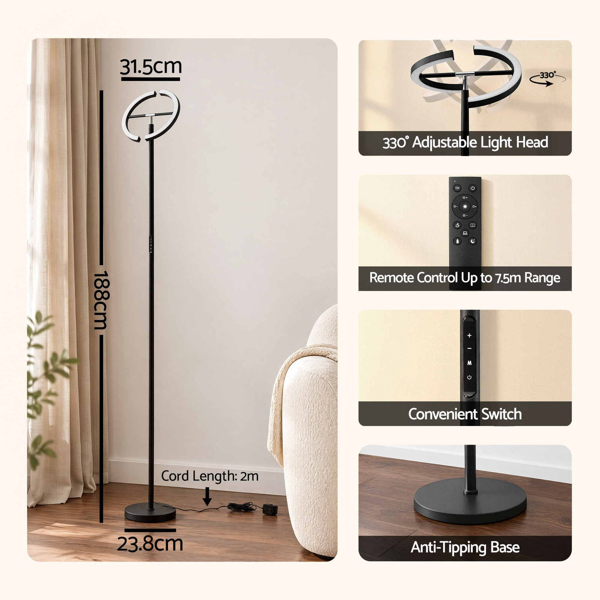 Artiss LED Floor Lamp with Dual Rotating Heads, Dimmable Light and Remote Control Black 20W — product image 2 of 9