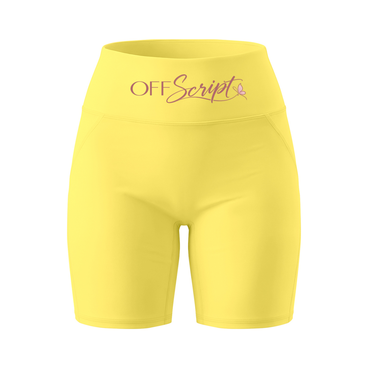 Off Script Women’s High Waisted Yoga Biker Shorts - Lemon Yellow front mockup